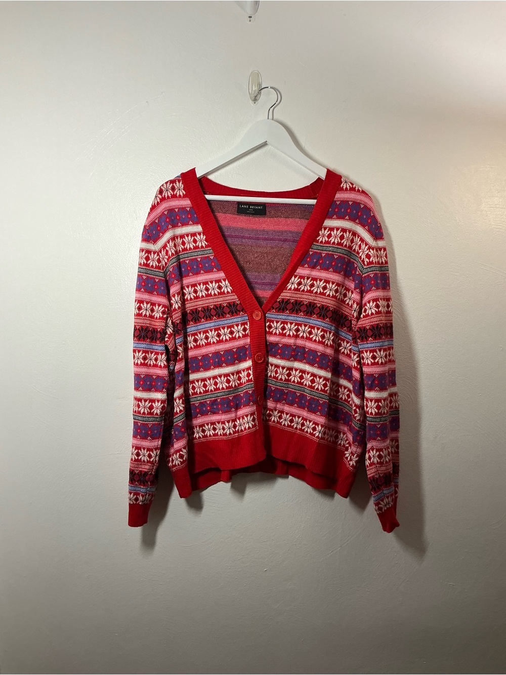 Lane Bryant Red Patterned Fair Isle V-Neck Cardigan Size 18/20